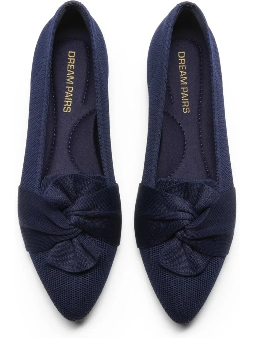 Women's Navy Foldable Bow Pointed Toe Ballet Flats Knit Cushioned Comfort Shoes